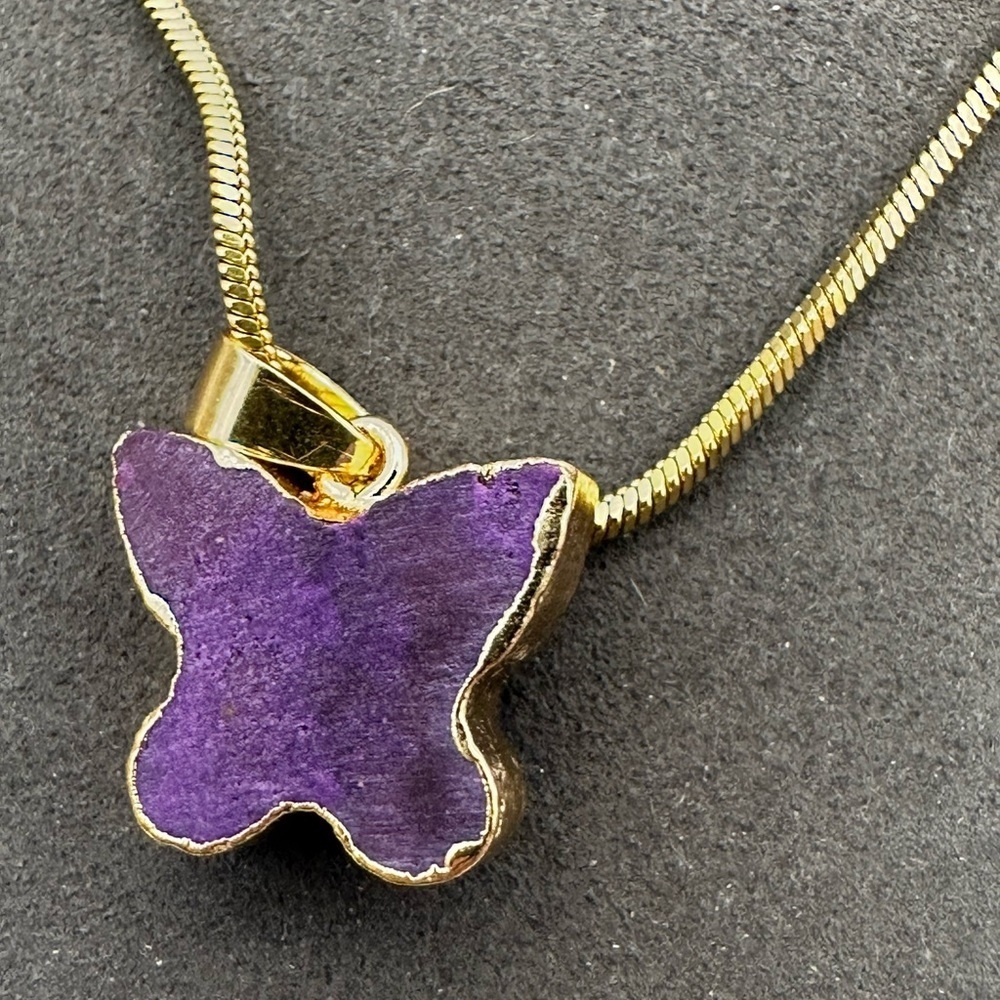Purple Druzy Butterfly Pendant Necklace on Gold Stainless Steel Snake Chain - Picture 5 of 5